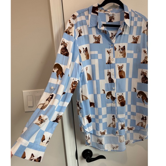 Jane + Delancey Women XL Blue White Checkered Cat Print Rayon Button Down Shirt - Picture 5 of 7